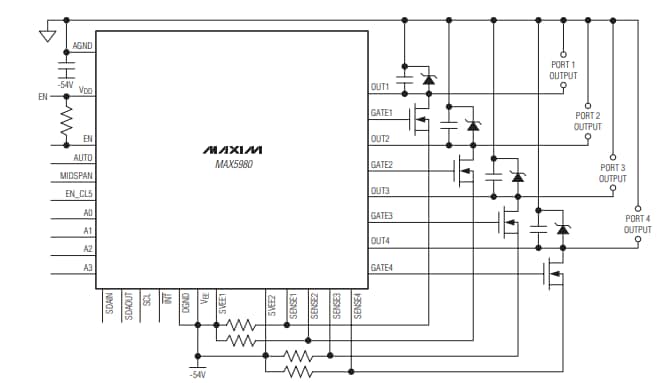 Application Circuit Diagram - Analog Devices / Maxim Integrated MAX5980 Quad PSE Power Controllers